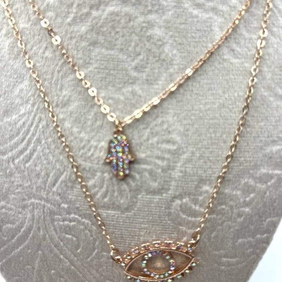 Necklace Hamsa Hand Pendant Layered Necklace Rose Gold Tone And Evil Eye Pendant - Picture 7 of 9